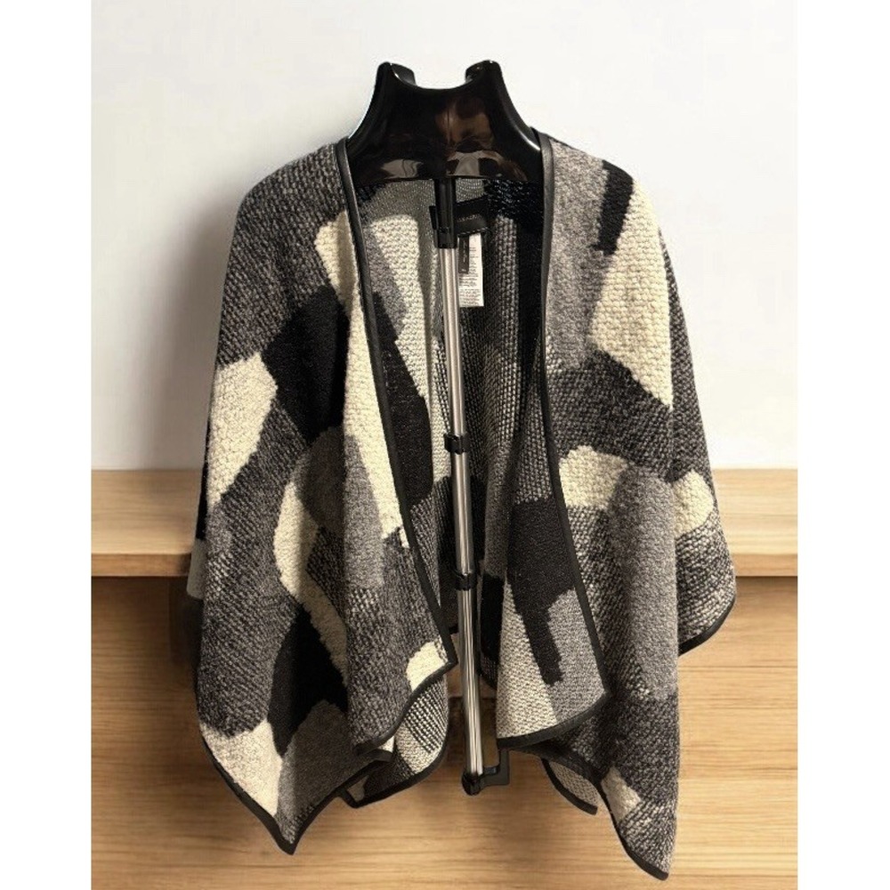 BCBG Maxazria Wool Blend Shawl Wrap Vegan Leather Trim Black White Grey One Size